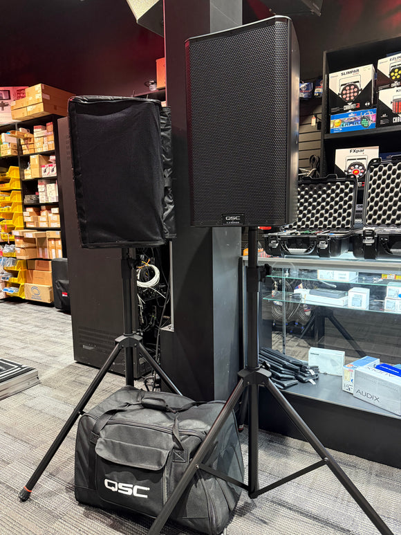 USED - LIKE NEW - QSC PA Bundle - (2) QSC K12.2 Speakers + Bags, Rain Covers, and Stands
